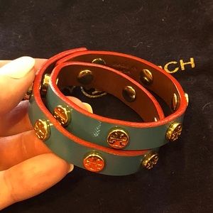 Double wrap blue leather Tory Burch bracelet
